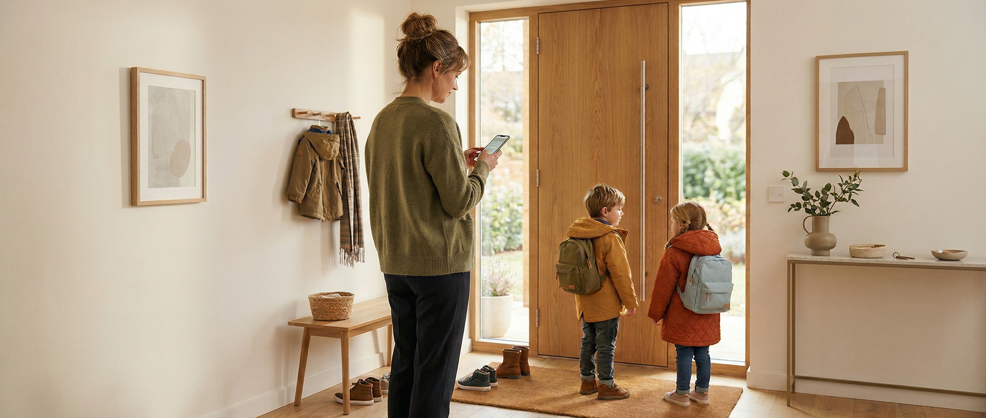 Elternteil liest vor dem Losgehen eine Kita-Information auf dem Smartphone