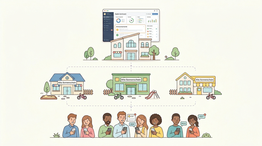 Illustration einer zentralen Verwaltung mit mehreren Kita-Standorten und Kanälen