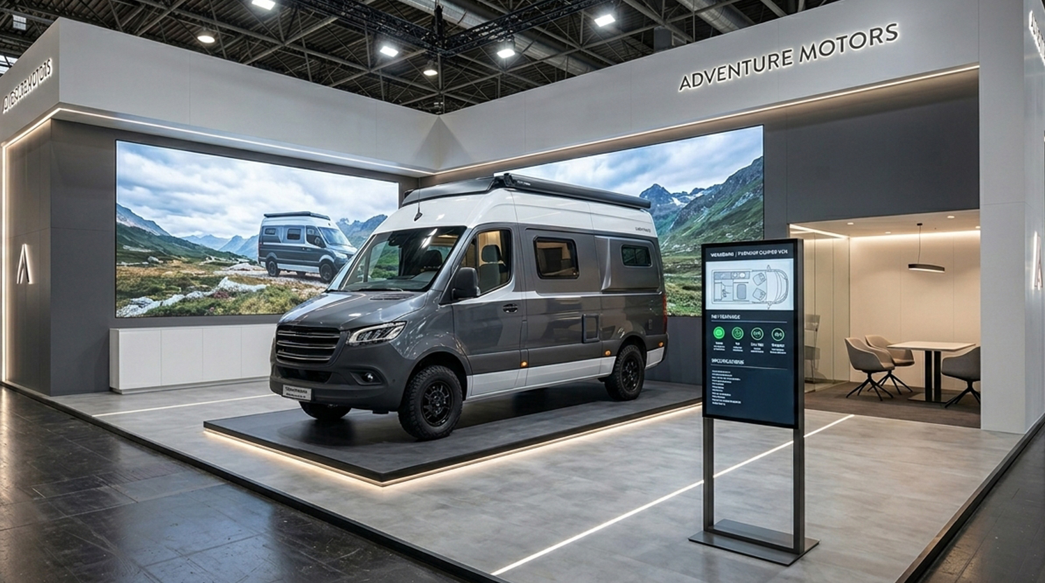 Moderner Messestand mit mehreren digitalen Displays und zentral gesteuerten Bildschirmflächen