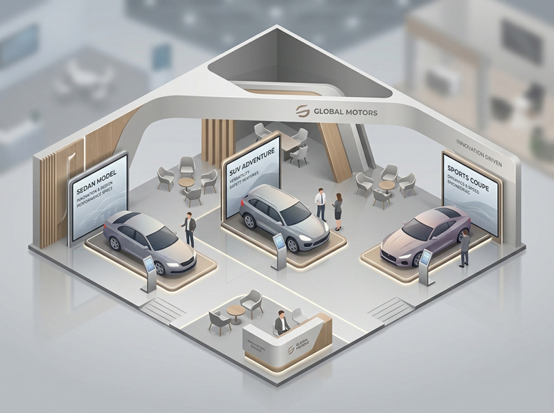 Messestand mit unterschiedlichen Displays für Markenbotschaften, Produktinhalte und Informationen am Exponat